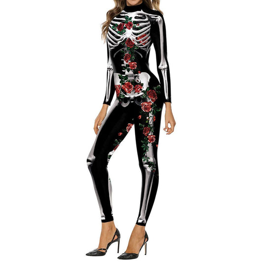 Mono de fiesta temática de Cosplay con estampado de rosa y calavera de Halloween en 3D de manga larga, disfraces de primavera y otoño para mujer 