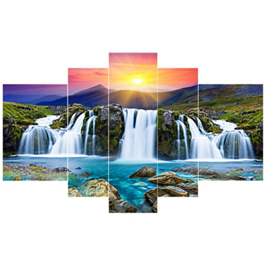 Sun Shining Waterfall Pattern Hanging 5-Piece Canvas Eco-friendly and Waterproof Non-framed Prints