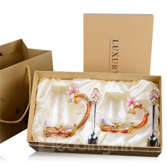 High Grade Enamel Transparent Glass with Beautiful Flowers Birthday Gift Cup Sets