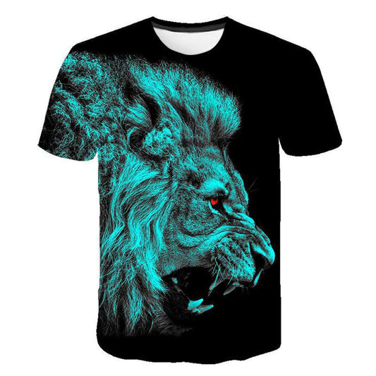 Camiseta negra con estampado 3D de León salvaje para hombre, traje informal creativo para parejas, camisetas holgadas de manga corta con cuello redondo Unisex 