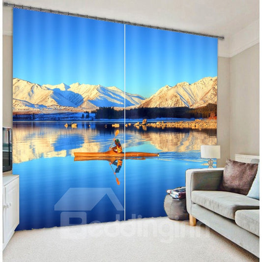 3D Rolling Mountains and Clean Lake with Blue Sky Printed Custom Living Room Curtain