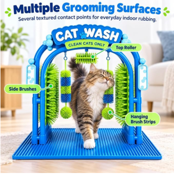 Cat Wash Grooming Station, Dry Self-Grooming Arch for Cats