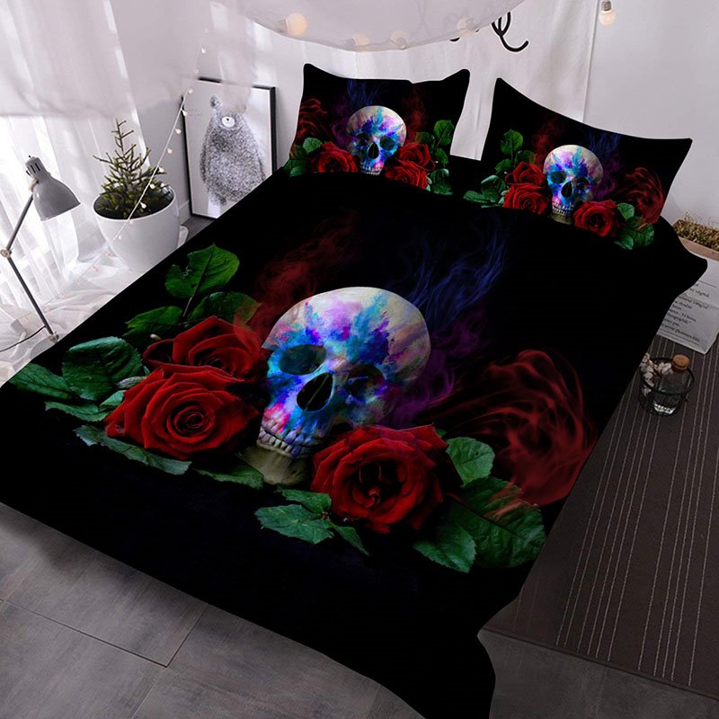 Juego de edredón/ropa de cama de 3 piezas con estampado 3D de calavera violeta azulada y rosa roja, microfibra agradable para la piel para todas las estaciones 