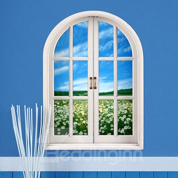 3D-Wandaufkleber „Naturschönheit, Fensteransicht, Blumenfeld unter blauem Himmel“. 