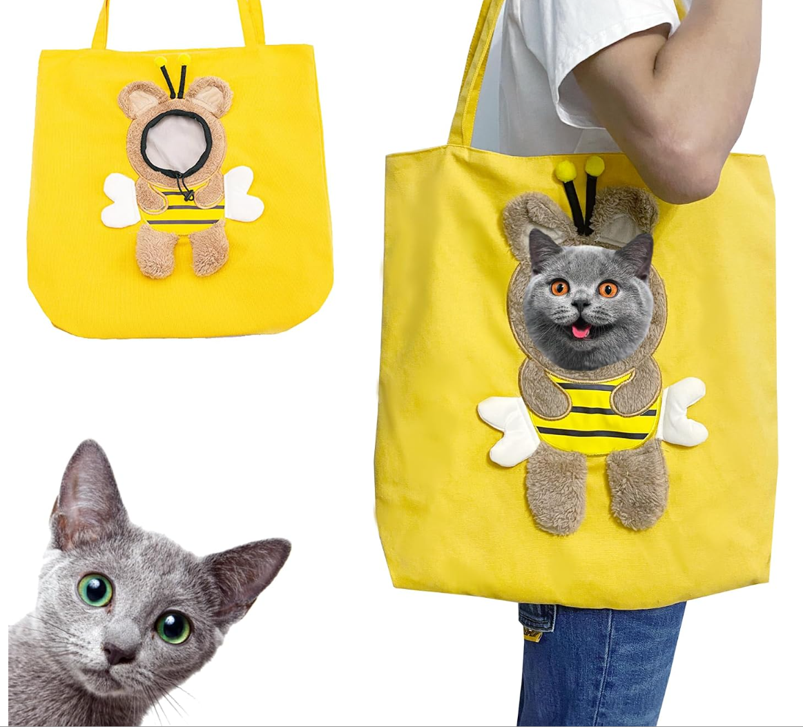 Bee-Shaped Show Head Pet Canvas Shaped Shoulder Bag，Pet Out Bag, Outcrop, Pet Out Shoulder Bag. (Bee-Large)