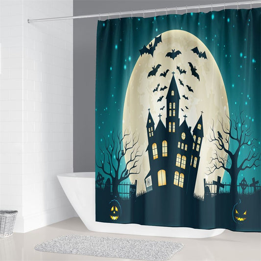 Halloween 3D-Duschvorhang, Hexenschloss, Mond, Fledermaus, Badezimmer-Duschvorhänge mit Haken für Halloween-Dekoration, wasserdicht, formbeständig