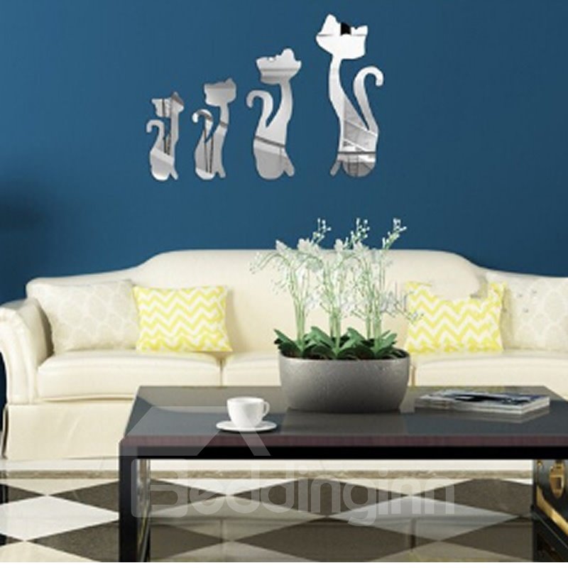Silver/Golden Four Cats Acrylic Mirror Waterproof and Eco-friendly 3D Wall Stickers
