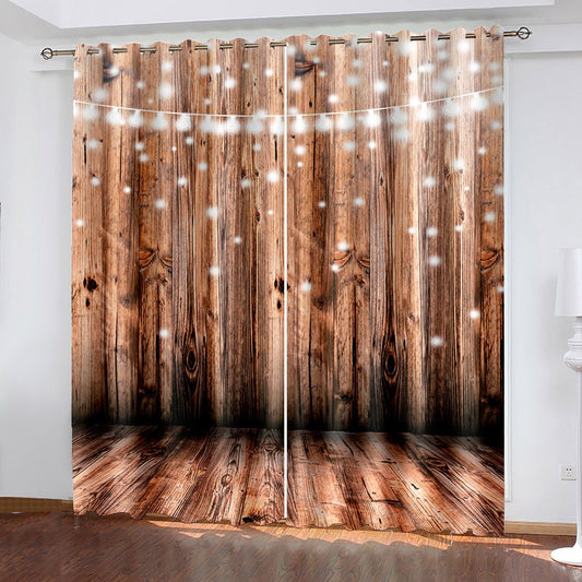 3D Window Curtains Wooden and Light Print Blackout Curtains for Living Room Bedroom Window Drapes Chirstmas 2 Panel Set