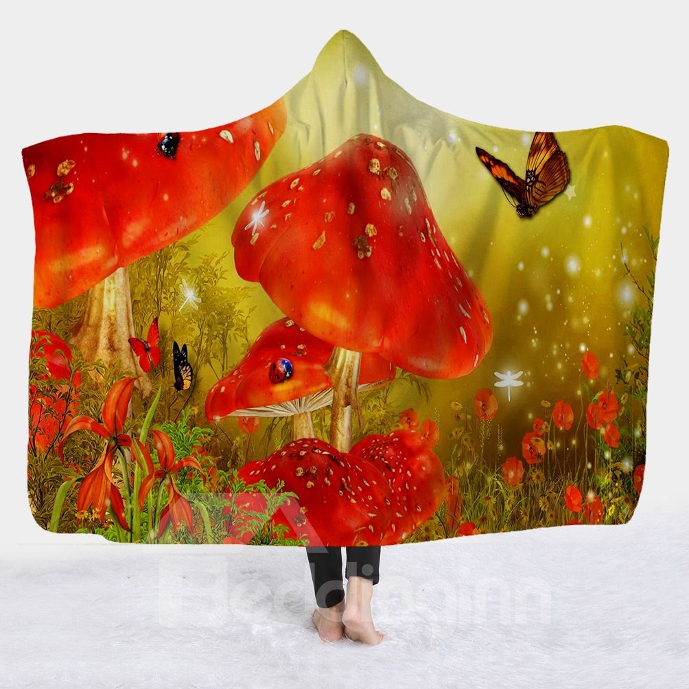 Butterfly and Flower Printed Super Soft Sherpa Fleece 3D Hooded Blanket