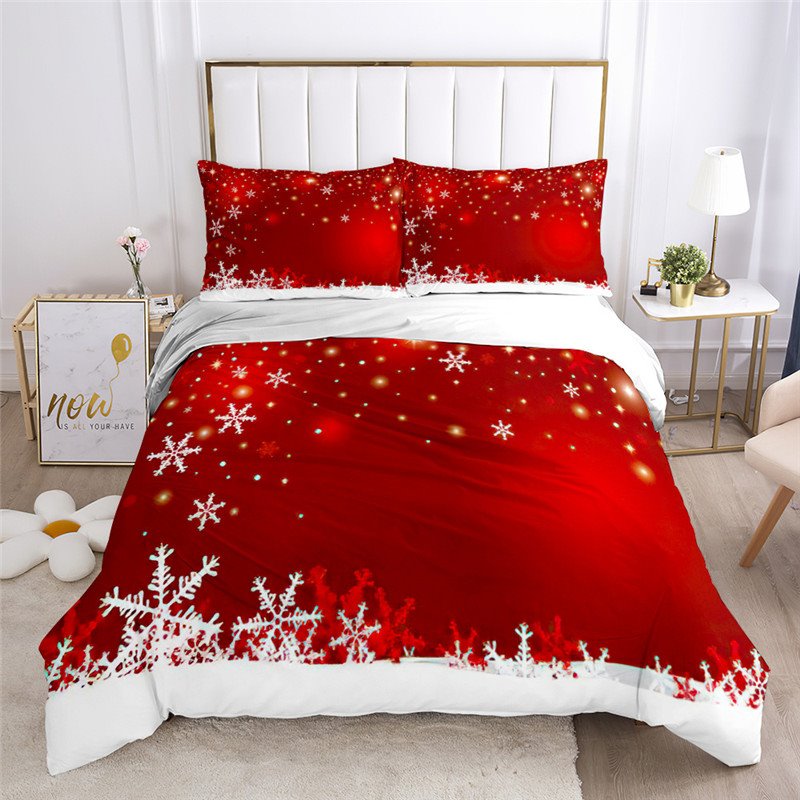 Festliches Weihnachtsbaum-Schneeflocken-3-teiliges Bettbezug-Set, 3D-rotes Bettwäsche-Set, weiches, hautfreundliches Polyester, Neujahrsgeschenk 