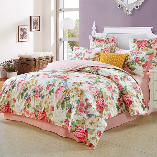 Vintage Style Watercolor Flowers Pattern 4-Piece Bedding Sets Zipper Duvet Cover with Ties Colorfast Wear-resistant with 1 Fitted Sheet 1 Duvet Cover 2 Pillowcases