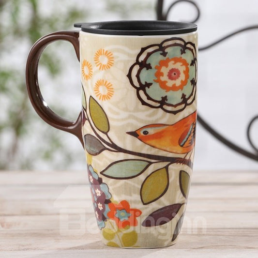 Taza de café alta de cerámica con estampado maravilloso de pájaros y flores