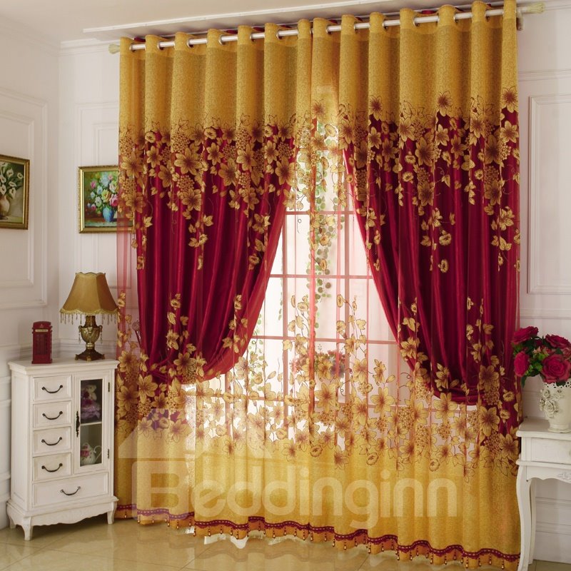 Floral Pattern Jacquard Technics Polyester Material Curtain Sets