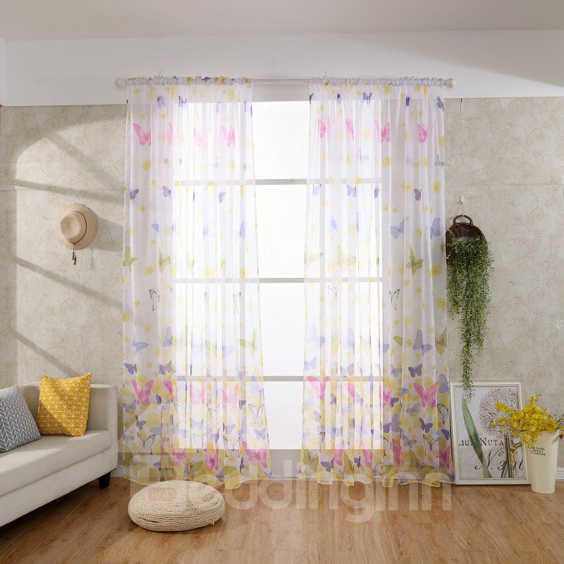 Cortinas y cortinas transparentes de poliéster con estampado de mariposas elegantes decorativas y sombreadas