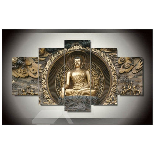 Goldene Buddha-Leinwand zum Aufhängen, wasserfest und umweltfreundlich, 5-teilige Wanddrucke ohne Rahmen