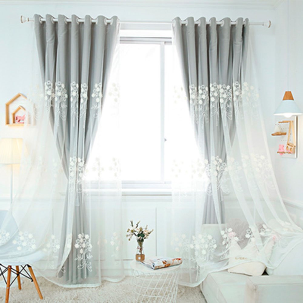 Conjuntos de cortinas bordadas para ventana, cortina opaca con forro y transparente de color caqui y gris para decoración de sala de estar y dormitorio, 2 paneles 