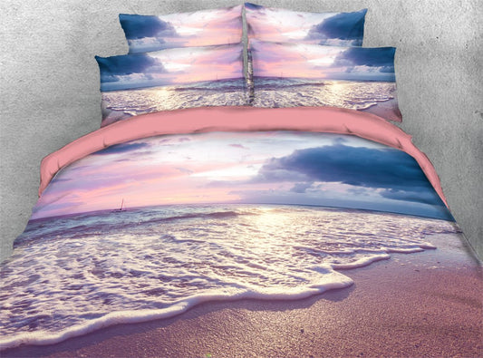 Ocean Beach 5-Pieces 3D Scenery Comforter Set/Bedding Set Ultra-Soft  with Zipper Closure and Corner Ties 2 Pillowcases 1 Flat Sheet 1 Duvet Cover 1 Comforter Soft Skin-friendly Microfiber