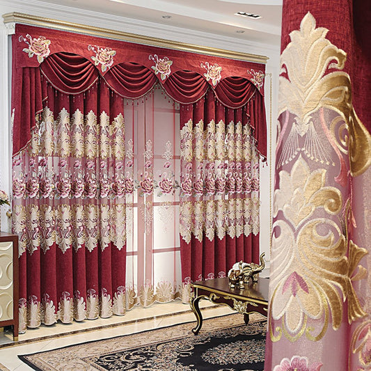 Europäische Verdunkelungsvorhänge, Chenille-Rot, geprägte Stickerei, ausgehöhlte Schattierungsvorhänge für Wohnzimmer, Schlafzimmer, Dekoration, hochwertige Blumenvorhänge, individuelle 2-Panel-Vorhänge 