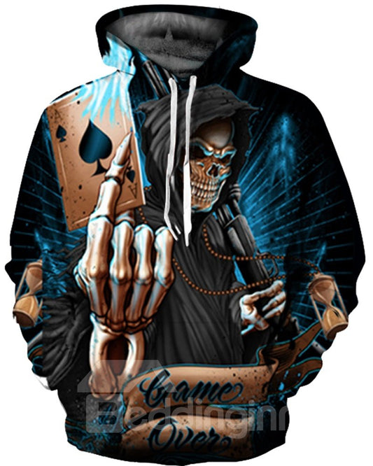 Special Long Sleeve Skull Playing Cards Pattern Front Pocket 3D Painted Hoodie