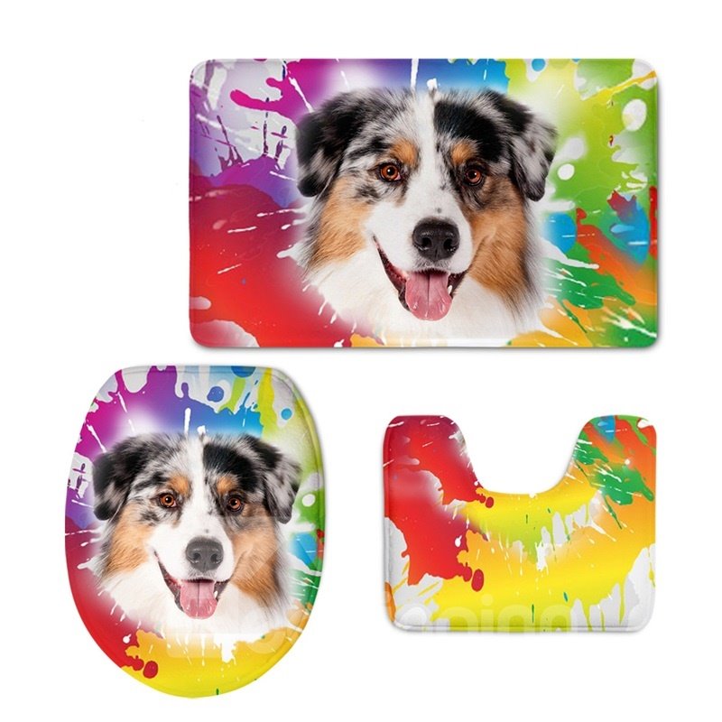 Dog Pattern 3-Piece Flannel PVC Soft Water-Absorption Anti-slid Colored Toilet Seat Covers