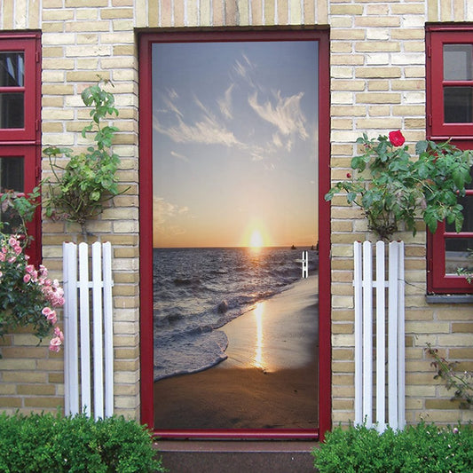Murales de puerta 3D con paisajes naturales modernos de playa y mar, pegatinas de pared/decoraciones de pared 