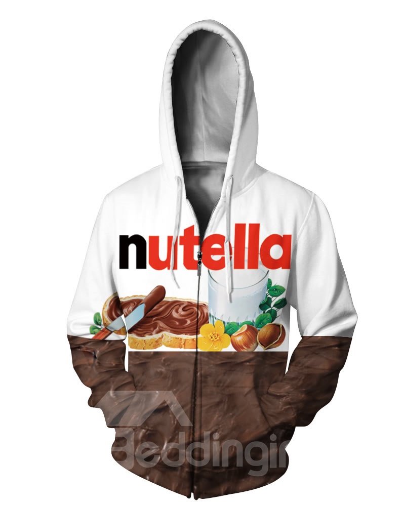 3D Nutella Patrón Hombres Suéter Cremallera Manga Larga Cool Sudaderas