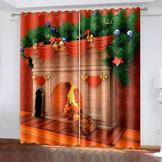 3D-Verdunkelungsvorhänge, Weihnachts-Kamin-Weihnachtsdruck, Vorhänge für Wohnzimmer, Schlafzimmer, Fenster, Vorhänge, 2-teiliges Set 