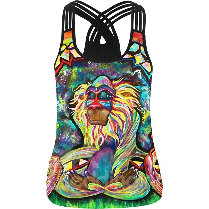 3D Indian Apes Color Pattern Round Neck Sleeveless Vest Tank Top