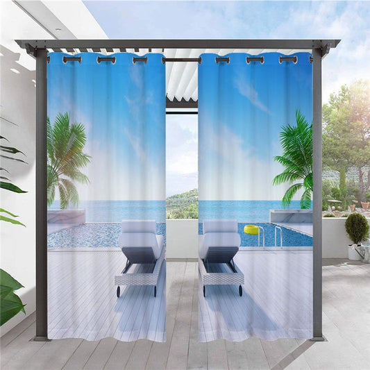 Moderne 3D-gedruckte Outdoor-Vorhänge „Resting by the Sea“, Cabana-Vorhang mit Ösen oben, wasserdicht, sonnenbeständig, wärmeisolierend, 2 Paneele 