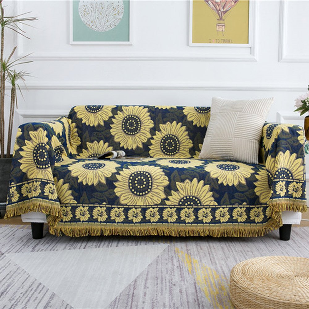 Sonnenblumen-Muster, Boho-Sofa-Couch-Überwurf, Decke, Schonbezug, Bett-Liegestuhl-Überwürfe, Sofabezug, bunt, Chenille, gewebt, Bohemian-Dekor, groß/übergroß 