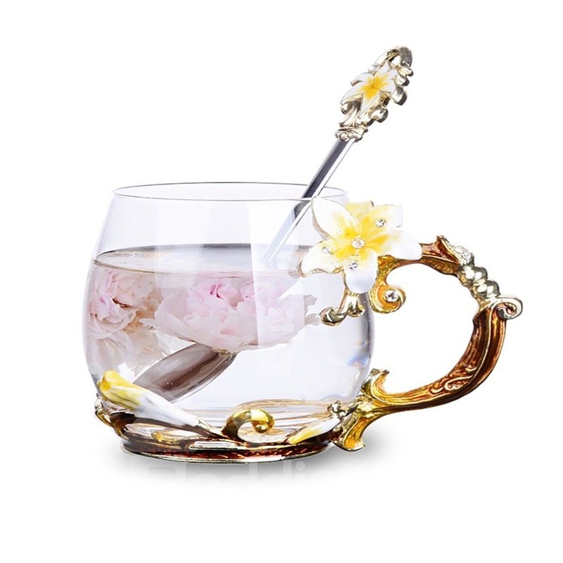 Modern and Pastoral Style Creative Birthday Gift Yellow Lily Flowers Crystal Enamel Tea Cup
