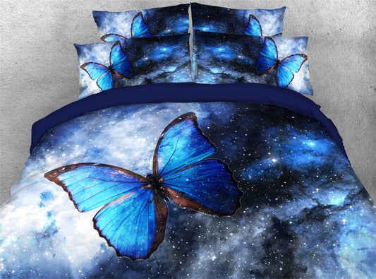 Juego de cama de 5 piezas con diseño de mariposa galaxia azul 3D, ultra suave, con cierre de cremallera y lazos en las esquinas, 2 fundas de almohada, 1 sábana encimera, 1 funda nórdica, 1 edredón de microfibra de alta calidad