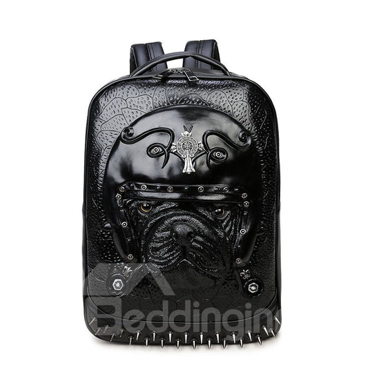 3D French Bulldog Studded College Durable Backpack PU Leather Shoulder Bag