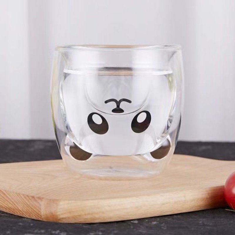Taza de café de doble capa de 300 ml, tazas de café de vidrio transparente con dibujos animados amurallados de oso lindo