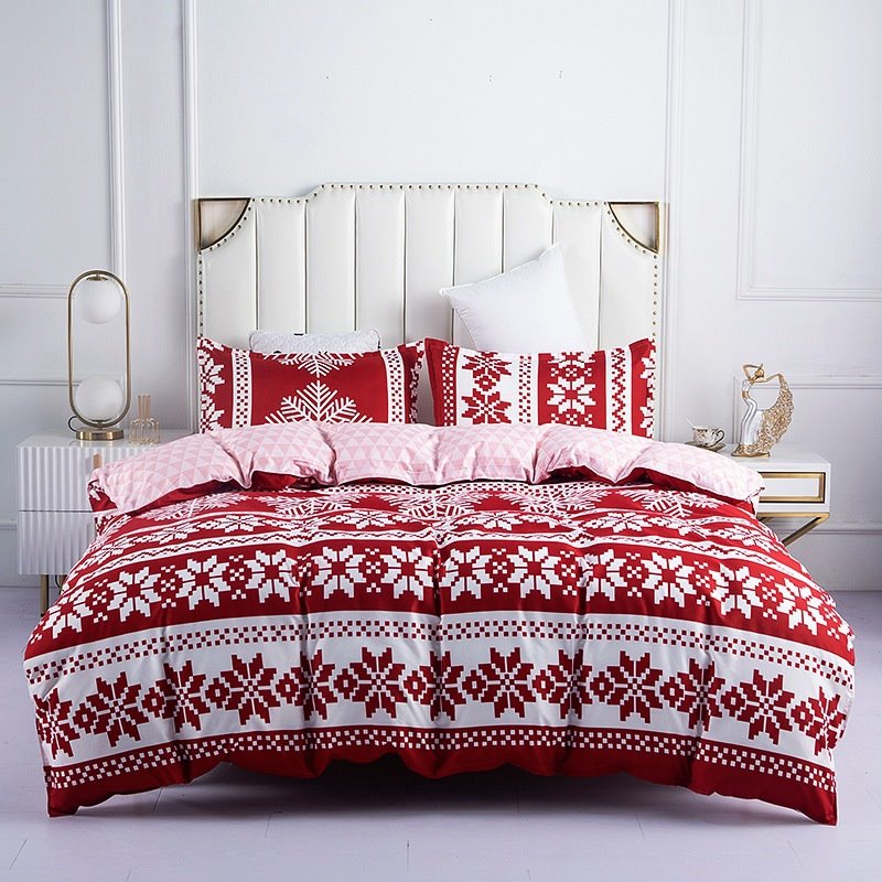 4-teiliges Weihnachtsbettwäsche-Set mit Bettbezug, 2 Kissenbezügen, 1 Bettlaken, 1 Bettbezug/Bettbezug, rotes Polyester, Frohes Neues Jahr 