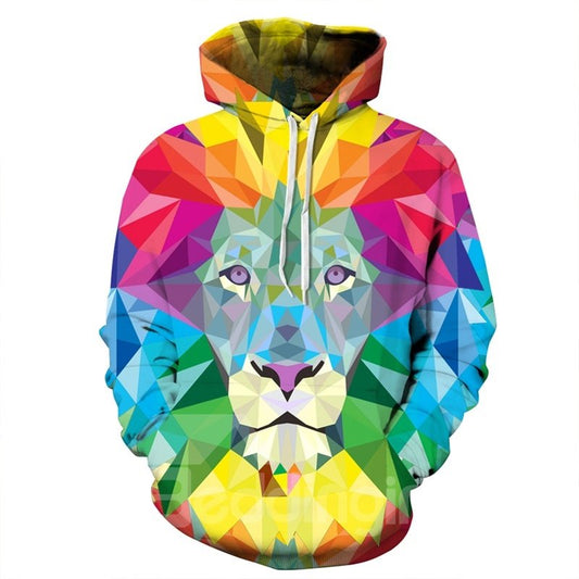Sudadera con capucha pintada en 3D con estampado de cara de león colorido de manga larga suave