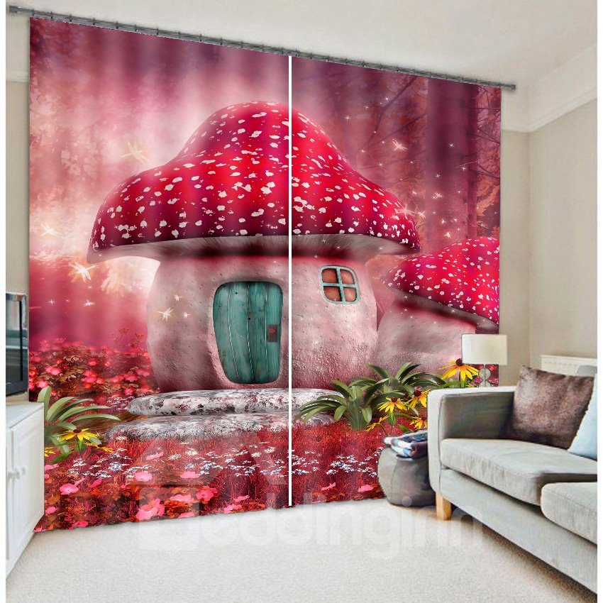 3D Lovely Red Mushrooms in Dreamy Forest Printed Decorative and Blackout Baby's Room Curtain