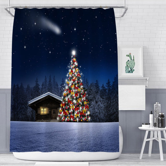 Cortina de ducha de noche navideña 3D, patrón de árbol de Navidad, poliéster, impermeable, antibacteriano y ecológico