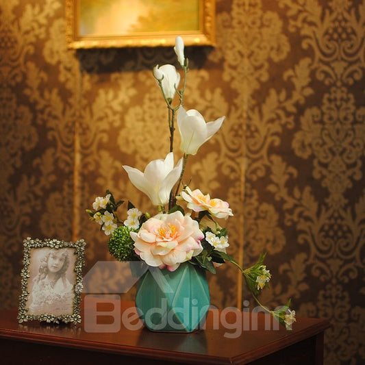 Fresh and Elegant Camellias and Orchids Home Decorative Flower and Vase