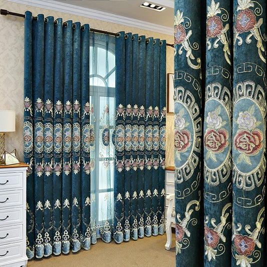 European Elegant Blue Embroidery Shading Curtains for Living Room Bedroom Decoration Blackout Curtain Custom 2 Panels Drapes No Pilling No Fading No off-lining