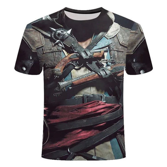 Camiseta con estampado 3D de Gun Fire para hombre, traje informal creativo de color gris oscuro para parejas, camisetas holgadas de manga corta con cuello redondo Unisex 