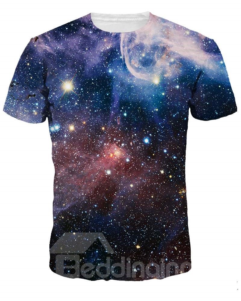 Lässiges, kurzärmliges Unisex-T-Shirt mit 3D-Muster in Dunkellila mit Galaxiemuster