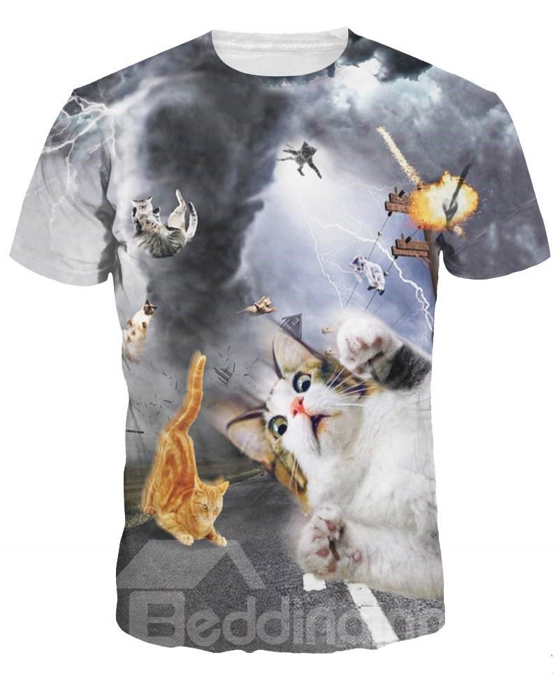 Lässiges, kurzärmliges Unisex-T-Shirt mit Tornado- und Katzen-3D-Muster