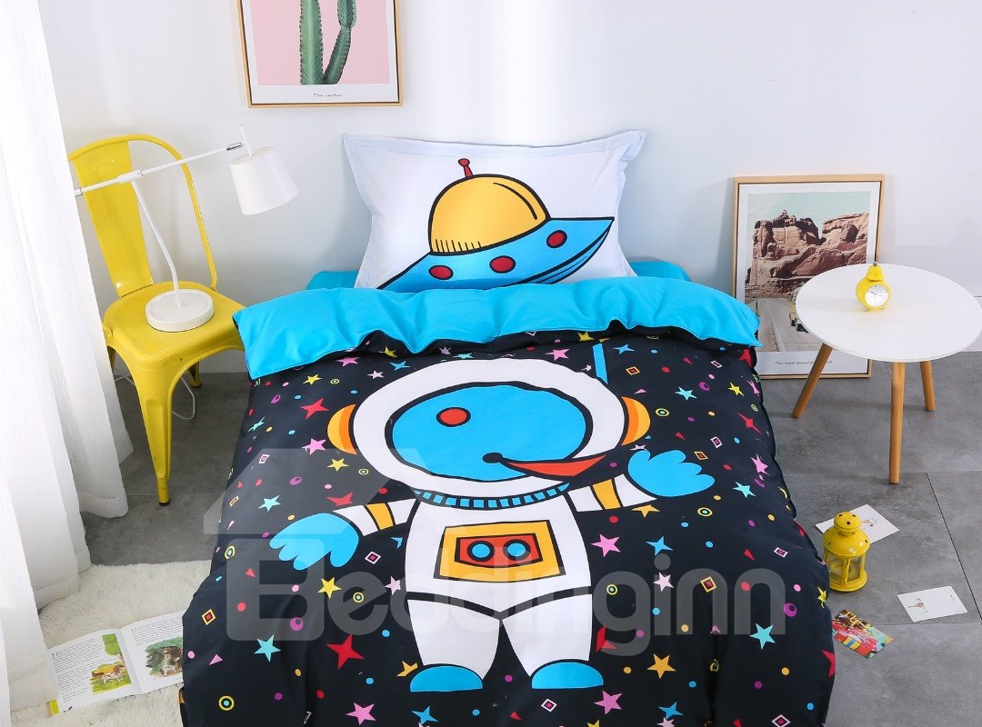 Sólo EE. UU. Astronauta de dibujos animados 3 piezas Juegos de cama de algodón azul / Fundas nórdicas 