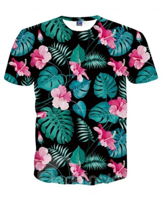 Camiseta pintada en 3D con estampado de flores brillantes y cuello redondo 