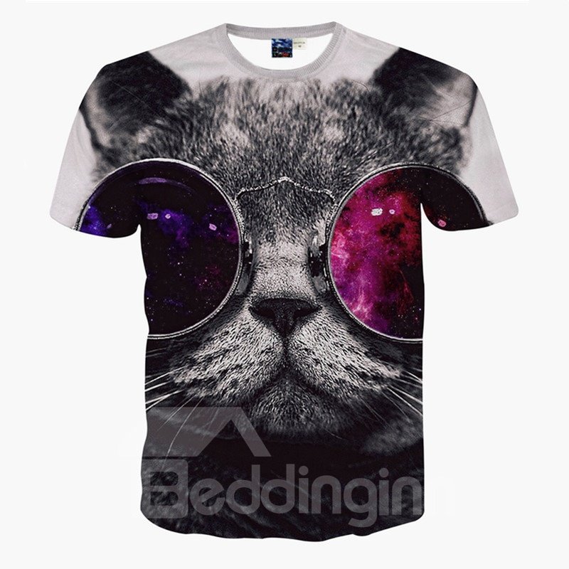 Moda Cuello Redondo Gafas De Sol Grandes Cara De Gato Camiseta Pintada En 3D