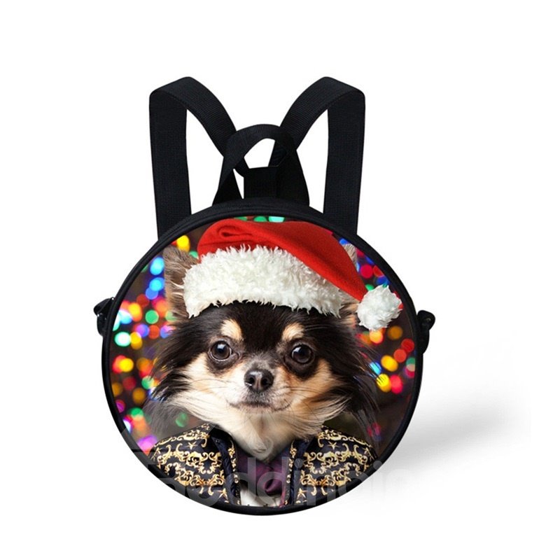 Round 3D Dog with Christmas Hat Pattern School Bag Shoulders Backpack