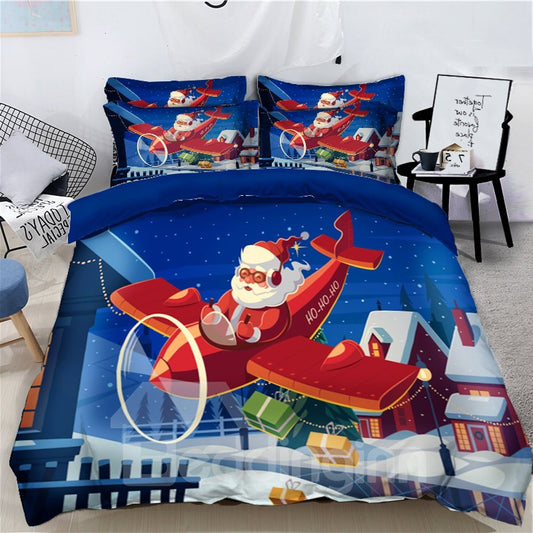 Reindeer Pull Santa's Sleigh Merry Christmas 4-Piece 3D Bedding Sets Duvet Covers Colorfast Wear-resistant Endurable Skin-friendly All-Season Ultra-soft Microfiber No-fading