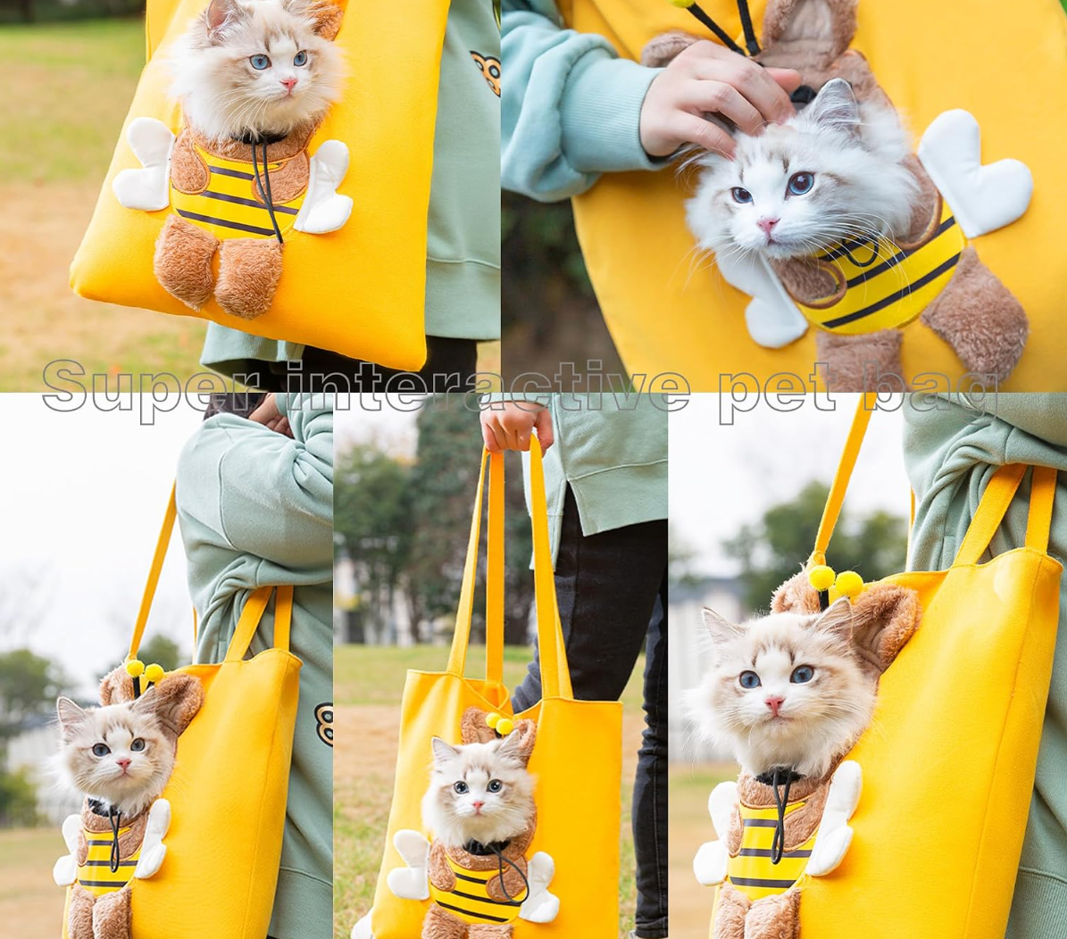 Bee-Shaped Show Head Pet Canvas Shaped Shoulder Bag，Pet Out Bag, Outcrop, Pet Out Shoulder Bag. (Bee-Large)