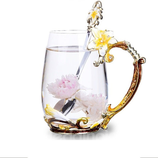 Tazas esmaltadas de cristal con flores de lirio amarillo, regalo de cumpleaños creativo, tazón taza de oficina